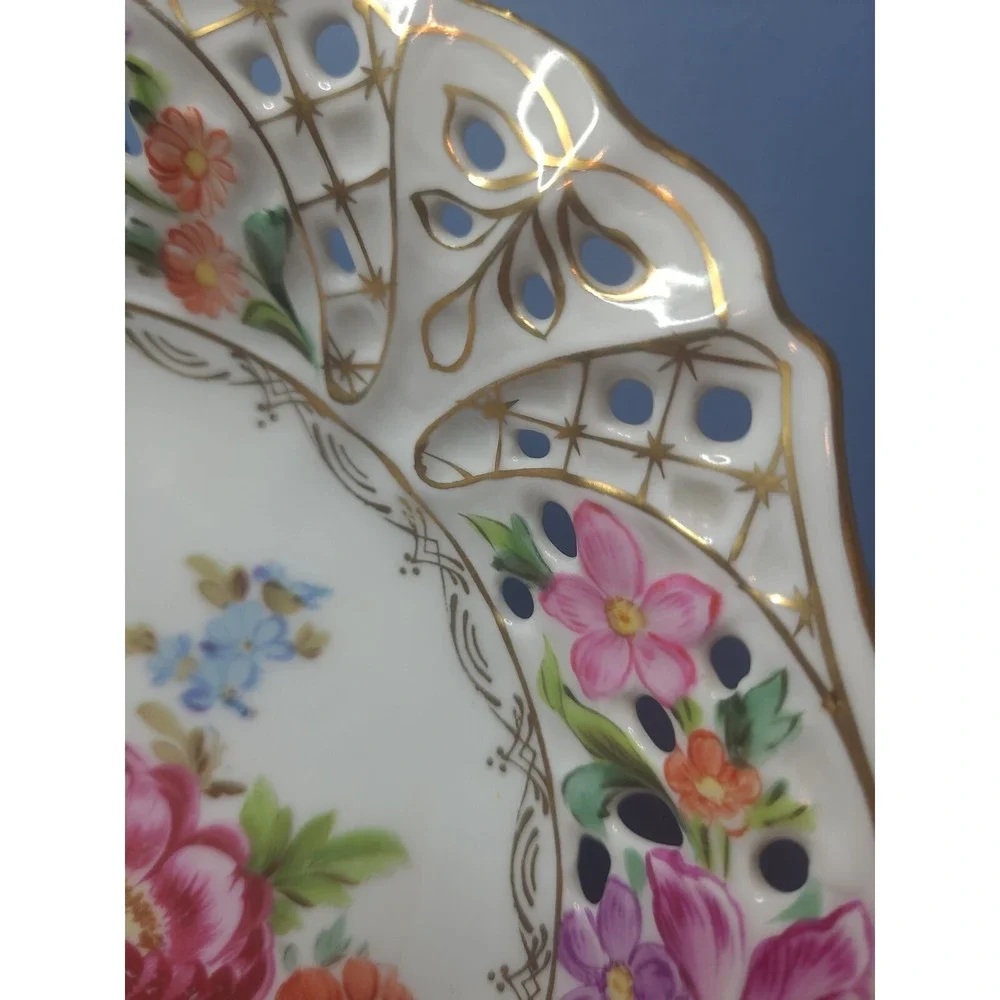 Rare E.S. Prussia Dresden Flowers Gilded Porcelain Bowl Plate Scalloped Openwork